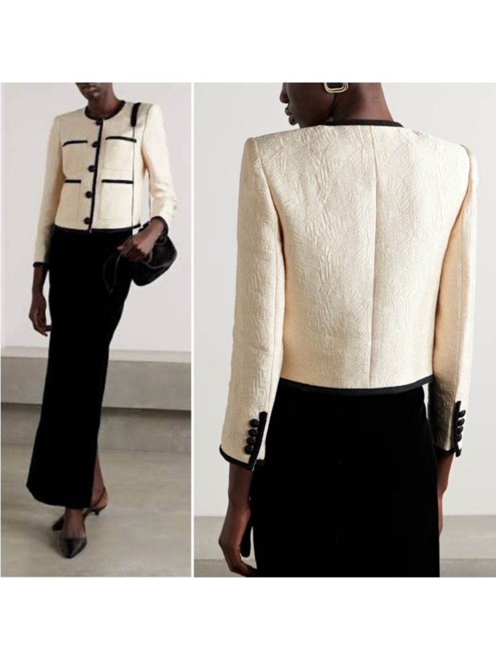 VERONICA BEARD | Darla Textured Ecru Cream Jacket Black Trim Size 6 - Picture 3 of 14